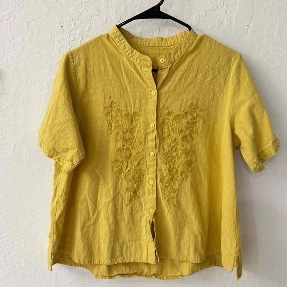 Yellow Linen Cotton Blend Boxy Embroidered Button Down Short Sleeve - Picture 1 of 6